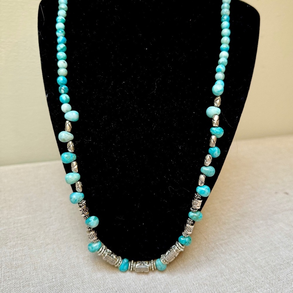 Turquoise and Silver Toned Beaded Necklace 25”